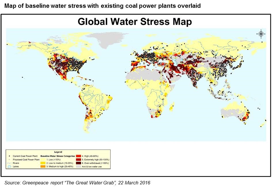 Map of baseline water stress with existing coal power plants overlaid