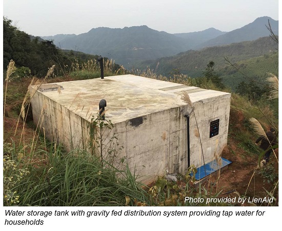 Water storage tank with gravity fed distribution system providing tap water for households